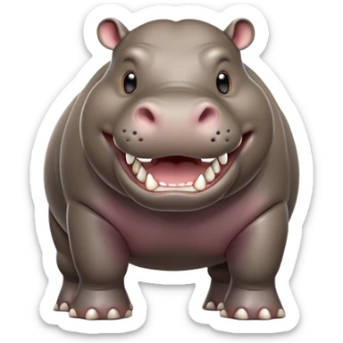 cinematic-hippo-realistic-full-body-side-view-standing-on-all-fours-emoji,-massive-round-frame,-wide-mouthed-grin-exposing-huge-teeth,-head-tilted-dramatically,-thick-greyish-brown-hide-glossy sticker