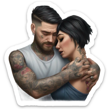 Hyper Realistic Beautiful tattooed woman crying in the arms of a handsome tattooed man  sticker