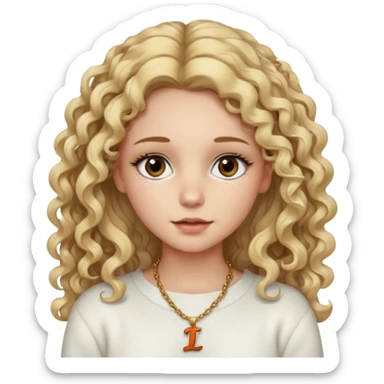 a dirty blonde girl with brown eyes and make her wearing a white sweater and a smallnecklace with I intial with really long curly hair and white skin color, long hair and really big lashes sticker