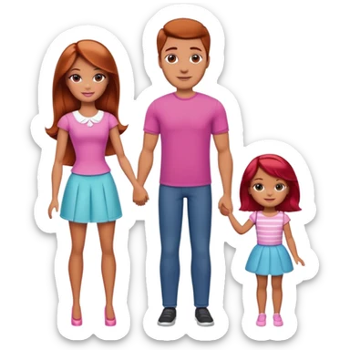 A barbie girl with makeup with brown hair with a child, a daughter, a girl with red hair, holding her hand in  and a husband, a man with brown hair, a family sticker