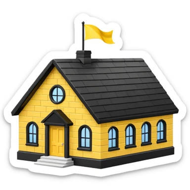 simple magic school, white background, magic school, black roof, with a big flag, big flag on a roof, big yellow flag, white school sticker