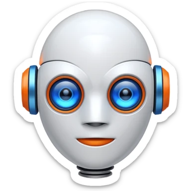 "Cartoon-style robot head with glowing blue eyes, white shell, orange-tipped arms, and blue gradient background" sticker