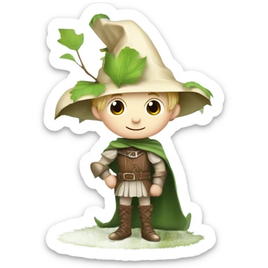 whimsical fairytale medieval pale boy who is tiny and wearing a giant leaf hat and big boots sticker