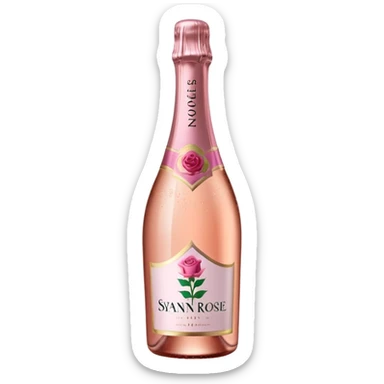 bottle of sparkling rosé champagne with a rose logo on the label, tilted up and to the left, no glass sticker