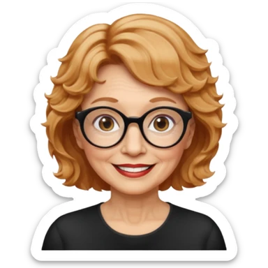 woman 70 years old, very short strawberry blonde weavy hair, brown eyes and round dark glasses smile sticker
