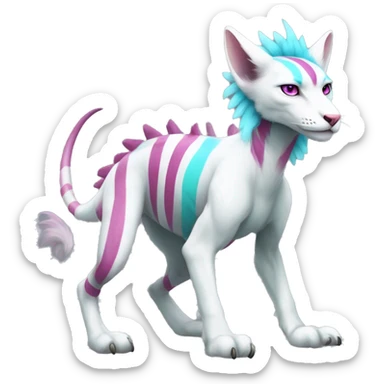 White elegant beautiful natural cute badass epic anthro modern albino Trico-vernid-Fakémon with cyan mane and magenta eyes with cyan edgy stripes, anthropomorphic, two-legged, digitigrade, full body sticker