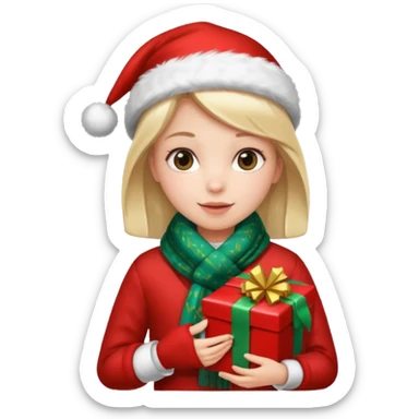 a girl wearing a chirstmas jacket and scarf and holding a christmas gift sticker