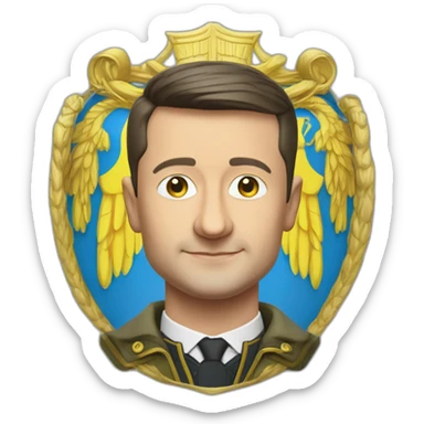 President Volodymyr Zelenskyy in haki tshirt with ukrainian coat of arms sticker