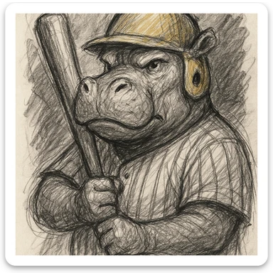 hippo holding a baseball bat, wearing a yellow helmet, pinstripes outfit sticker