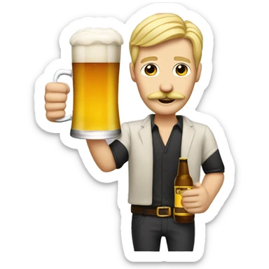 blonde thin guy with a mustache and a beer saying cheers sticker
