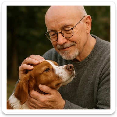 bald old man with round glasses and a grey goatee, petting a Brittany Spaniel, gentle and affectionate vibe sticker
