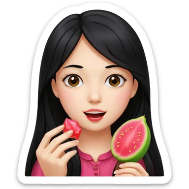 A girl with long black hair holding a piece of guava hard candy and pretending to eat it sticker