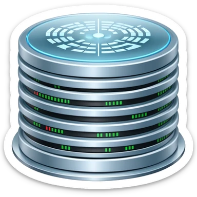 An icon featuring stacked server disks, a digital network grid, and binary code, symbolizing databases. The design includes data flow arrows, representing storage, organization, and retrieval of information. Transparent background highlights data-driven technologies. sticker