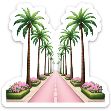 palm tree lined pedestrian pathway with tall green palm trees on both sides, pink flowering bushes, clear blue sky, bright sunny weather with symmetrical perspective view down the road sticker