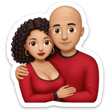 A picture of a tanned couple embracing. the guy is Mexican, with a bald hair cut and he is wearing a red shirt. the girl is mixed, the girl is wearing a black shirt, the girl has curly longer dark brown hair and with big boobs  sticker
