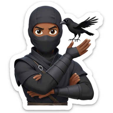 clash-of-clans-aesthetic_-cinematic-mysterious-male-ninja-portrait-emoji, rendered in a flat, vector-style with minimal shading and bold, simplified shapes, his arm is stretched out  with a head slightly turned revealing intense, focused eyes. the ninja has his arm out and perched on top of his forearm is  a black crow sticker