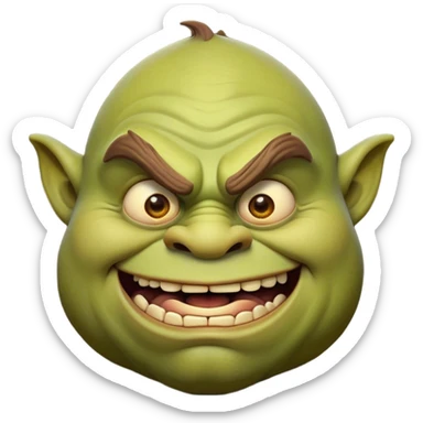 Cinematic Comical Ogre Portrait Emoji, with a strikingly exaggerated, bulky figure in vivid earthy greens and browns, head tilted in a dramatically surprised expression with wide, comically bulging eyes and a goofy, oversized grin, simplified yet hilariously exaggerated, highly detailed with a soft, cartoonish glowing outline capturing the playful absurdity of a meme-worthy ogre! sticker