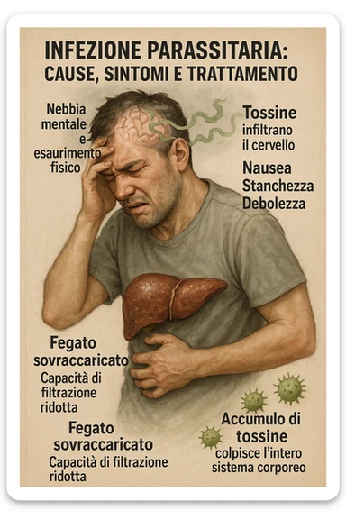 "Man feeling increasingly unwell as his liver fails to filter toxins, nausea, tiredness, and weakness overwhelming him as toxins infiltrate his brain causing confusion and irritability Parasitic Infection: Causes, Symptoms & Treatment, expression of mental fog and physical exhaustion, liver shown as overworked organ with reduced filtration capacity, toxic buildup affecting entire body systems" in italiano sticker