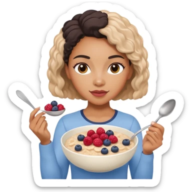 Mixed-race athletic woman with caramel skin, slim thick, holding a bowl of oatmeal with berries, pastel tones sticker
