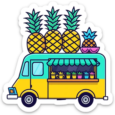 cartoonish Hawaiian food truck with pineapples and leis sticker