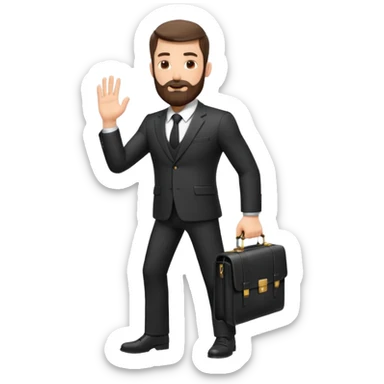 A handsome man, 40+ years old, with a thick beard in a black suit, fair skin, short stylish haircut, full-length photo, wearing an expensive watch, unusual pose, holding a briefcase, pumped up, super realistic emoji sticker