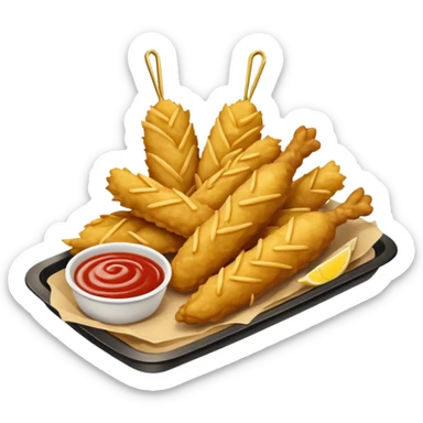 Piezas de pollo frito y papas fritas en baston sobre una bandeja rectangular plateada que contiene papel con patrón de cuadros blancos y negros  sticker