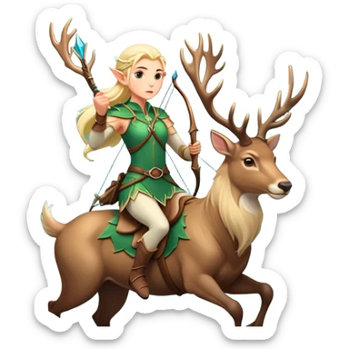 clash-of-clans-aesthetic-blond-elf-archer-portrait-emoji, rendered in a flat, vector-style with minimal shading and bold, simplified shapes, head tilted slightly forward with a determined, focused expression, riding a majestic stag whose luminous antlers glow with mystical energy, set against an ancient, enchanted forest backdrop. sticker