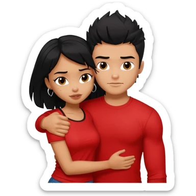 generate a pretty tan bratz boy hugging a fair black haired gf. The guy has black messy hair, lean but muscled and wearing a red tshirt sticker