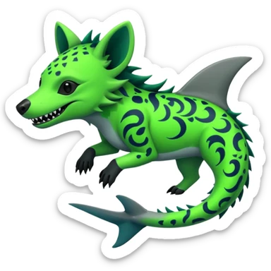 Edgy cool badass Neon-green landhai-sergal-hyena, with a shark tail, with black and dark-green swirly patterns markings sticker