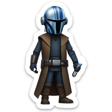 tough well-equipped jedi first order darkblue-pearl C3po as a friendly bounty hunter droid wearing a leather attire old west duster coat holding light saber ready  sticker