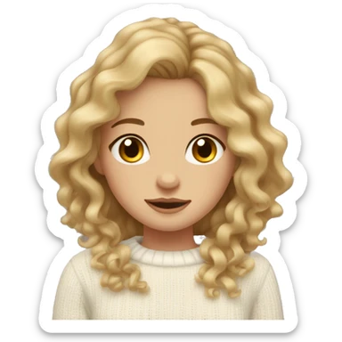 Girl with wavy brunette hair with blonde strands, hazel eyes and white cute sweater sticker