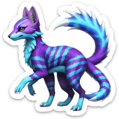 Feral Rare Fantasy  Black-Dark-Vortexed Lightning-strike-zig-zag-patterned striking purple-indigo-violet-blue-cyan-gradients with black points, white underside, galactic stormy edgy badass realistic Vernid-Sergal-Genet-Trico-species by LiLaiRa, full body sticker