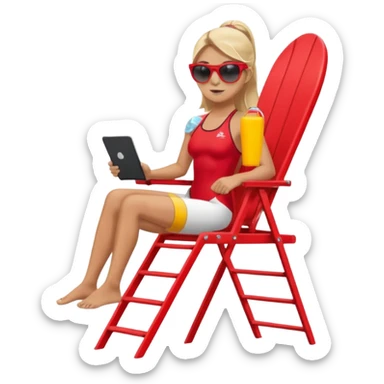 Female lifeguard – red swimsuit, sunglasses, sitting on tall lifeguard chair. sticker