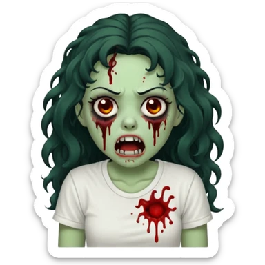 a zombie with long curly black hair volumoso, brown eyes, a white t-shirt and a splash of blood on her t-shirt, mouth open like a zombie, green skin color, not much expression, no drawing on shirt, no hands showing, less blood on her face, less blood, black hair and black eyes sticker