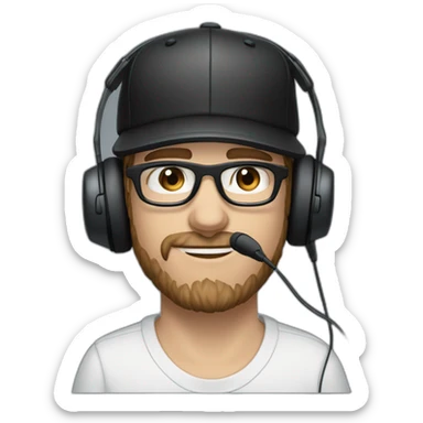 scruff white man in a backwards baseball black hat and rectangle glasses wearing headphones with microphone - brown hair blue eyes sticker