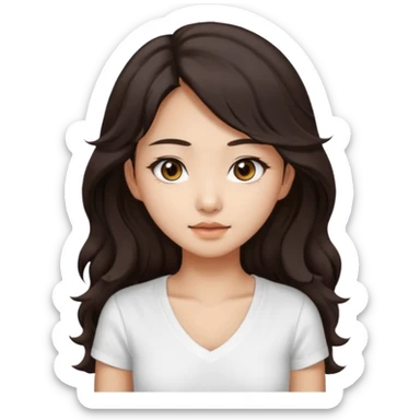 iOS style emoji. girl with very long dark brown wavy hair. And the eyes color is dark brown. And she is wearing white t shirt with V kneck. And she is 30. She is Asian with double eyelids  sticker