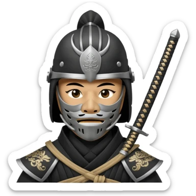 Samurai with helmet and a detailed mask covering their mouth and they are drawing out their sword sticker