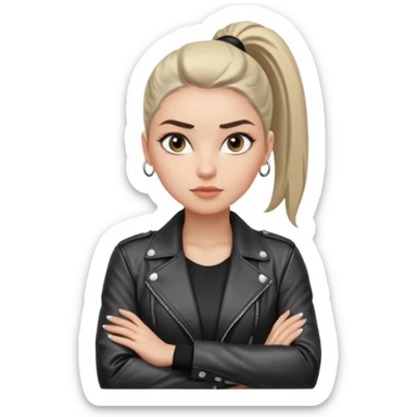 สีตาสีเทาอ่อน มีประกายคม
คิ้วได้รูป มองแล้วดูสตรอง
ผมหางม้าสูง
ลุคสตรีทแฟชั่น
ท่าโพสกอดอก
ฟีล: Girl Boss, cool beauty, minimal but powerful sticker