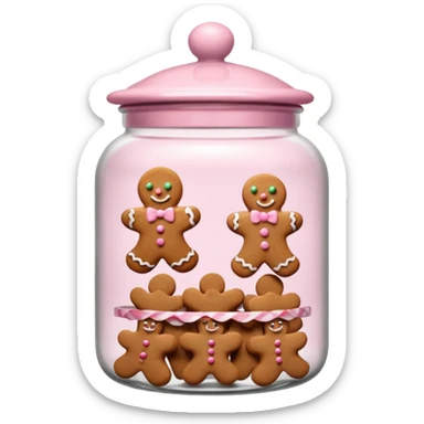 Realistic glass cookie jar with light pink lid full of gingerbread cookies isolated.  sticker