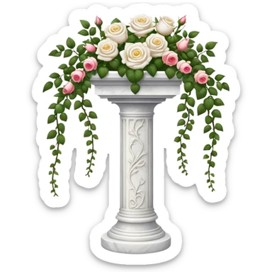 White tall marble pedestal with vines growing and gorgeous roses flowers beautiful romantic scenery garden scenic  sticker