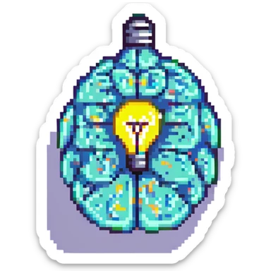 brain with a lightbulb, symbolizing ideas, pixel art sticker