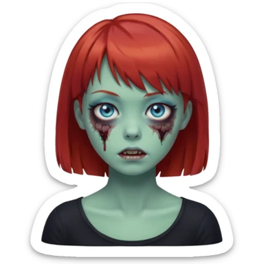 Zombie girl emoji with short red hair and bangs. Blue eyes, green skin, and a black top. sticker