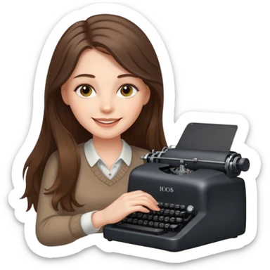 smiling white long brunette hair girl with hazel eyes typing on a typewriter sticker