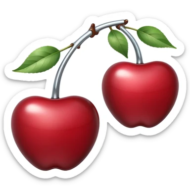 A pair of cherries emoji made of polished silver chrome, smooth rounded shapes, glossy metallic finish, soft highlights and reflections, cute proportions, iOS emoji style, centered, clean white background, no text sticker