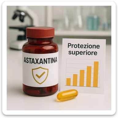 hyper realistic Astaxantina with shield symbol, orange and golden capsule, red bottle, bar chart, text 'Protezione superiore', clinical atmosphere, realistic details sticker