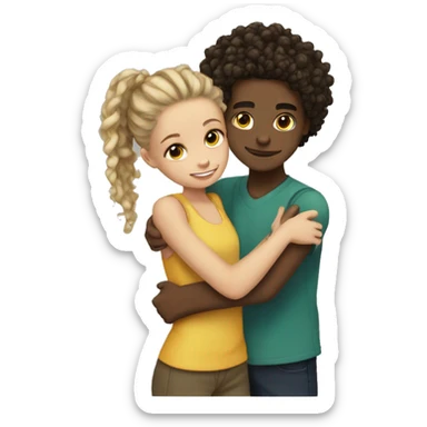 a boy light skinned boy with dreadlocks hugging a light skinned girl  with a curly ponytail sticker