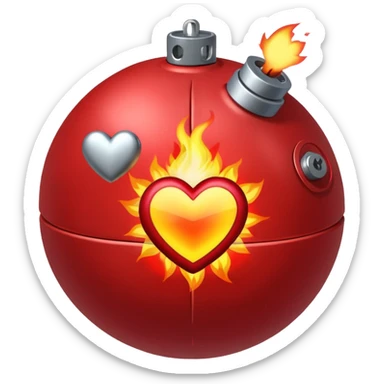A spherical shaped bomb, red in colour, fuse burning with a heart. sticker