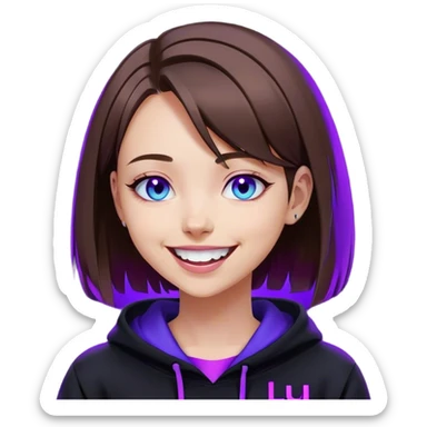 brown haired girl with a bob and blue eyes wearing black hoody with violet letters "Lu", laughs. Cyberpunk style. Violet neon. sticker