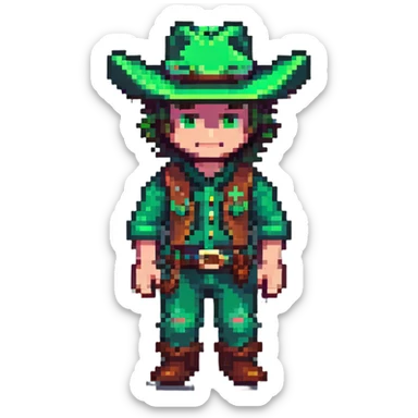 Pixel art cowboy with green outfit and green cowboy hat sticker