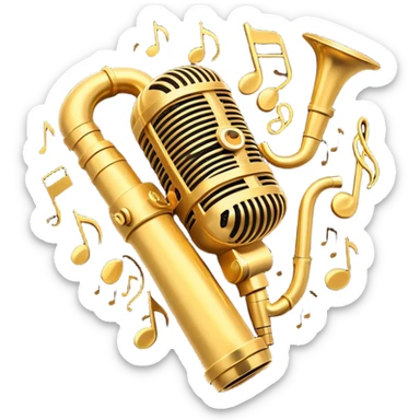 Create a vibrant emoji representing jazz vocal performance. The design should feature a vintage microphone, with musical notes swirling around it, symbolizing the improvisational and expressive nature of jazz singing. Add subtle elements like a jazz trumpet and saxophone in the background to represent the ensemble often accompanying jazz vocals. Include a set of piano keys or a grand piano in the design to reflect the jazz club atmosphere. Use warm, rich colors like deep gold, black, burgundy, and silver to create a soulful and elegant vibe. The background should be transparent. sticker